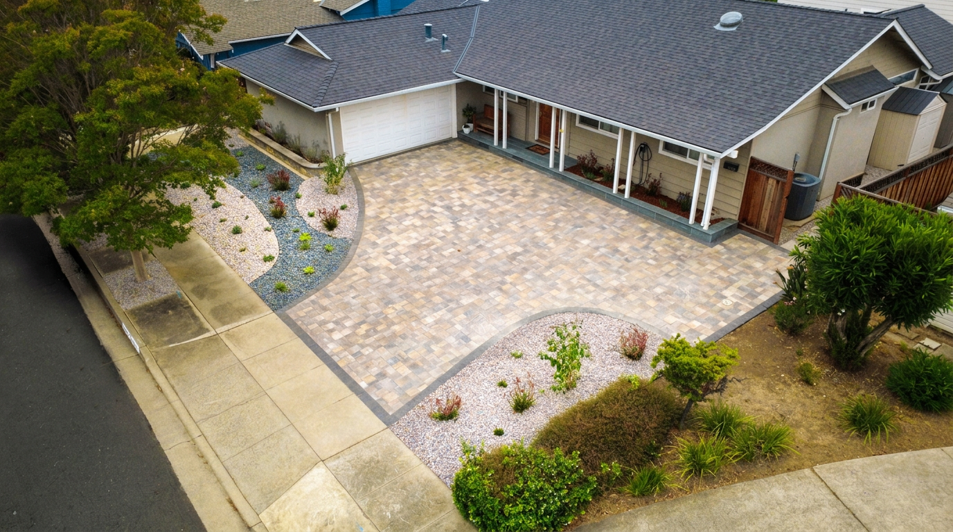 Aerial view of a luxury Silicon Valley front yard with custom paver driveway and drought-tolerant landscape design
